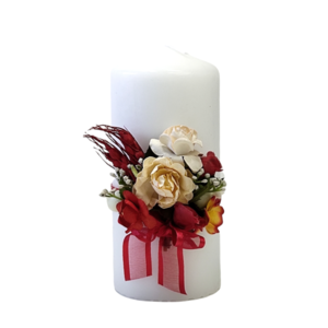 Κερί λευκό με κόκκινα λουλούδια Yψος 15cm - λουλούδια, ρεσώ & κηροπήγια, διακοσμητικά, διακόσμηση σαλονιού