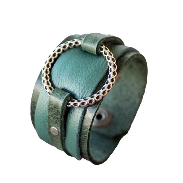 Φαρδύ Γυναικείο Δερμάτινο Βραχιόλι Πράσινο O Ring, 20 Χ 4 εκ - δέρμα, vintage, γυναικεία, ατσάλι, φαρδιά