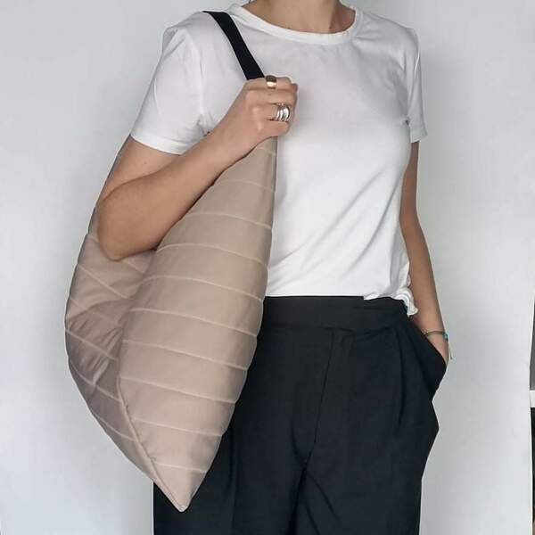 Τσάντα ώμου - Puffer origami bag Biscuit - ύφασμα, ώμου, μεγάλες, all day