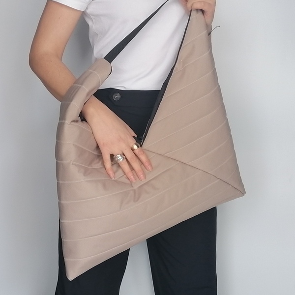 Τσάντα ώμου - Puffer origami bag Biscuit - ύφασμα, ώμου, μεγάλες, all day - 3