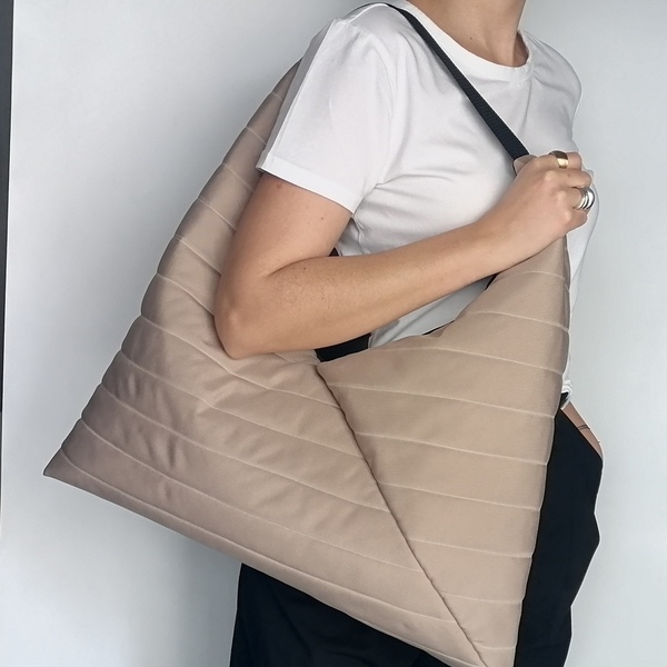Τσάντα ώμου - Puffer origami bag Biscuit - ύφασμα, ώμου, μεγάλες, all day - 4
