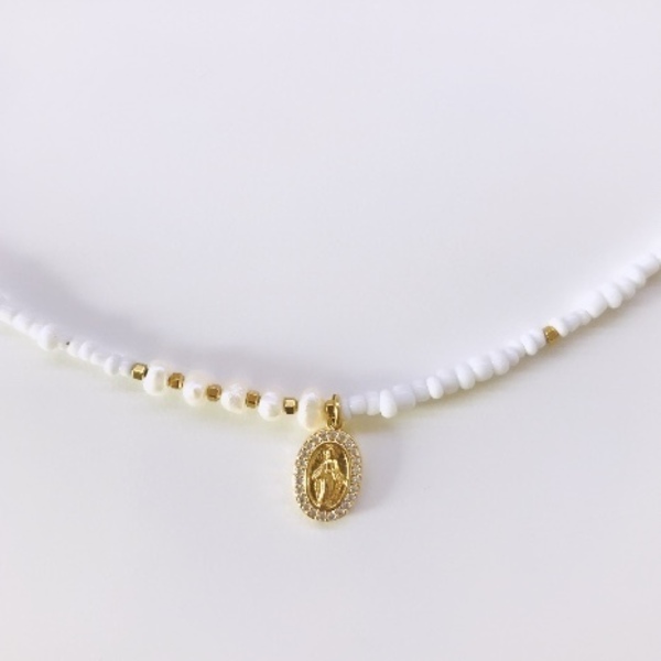 White summer necklace - μαργαριτάρι, τσόκερ, χάντρες, κοντά, φθηνά - 2