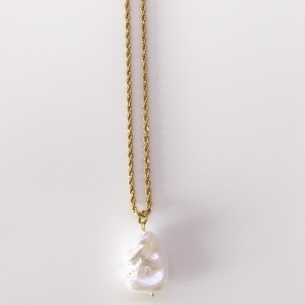 Gold chain & white details necklace - κοντά, ατσάλι, επιπλατινωμένα, φθηνά, μενταγιόν - 2