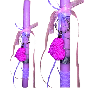 Λαμπάδα Ροζ καρδιά - μπρελοκ πλεκτή 30cm - λαμπάδες, αρωματικό, καρδιά