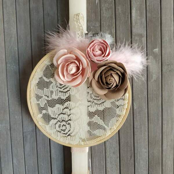 Πασχαλινή ρομαντική λαμπάδα με τελαράκι, ροζ- μπεζ, μήκος 31 εκ. - δαντέλα, κορίτσι, λουλούδια, λαμπάδες