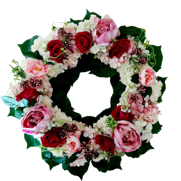 Ανοιξιάτικο ρομαντικό στεφάνι, 50εκ, με ορτανσίες, παιώνιες και τριαντάφυλλα - στεφάνια, δώρο, δώρα για γυναίκες, ανοιξιάτικα λουλούδια