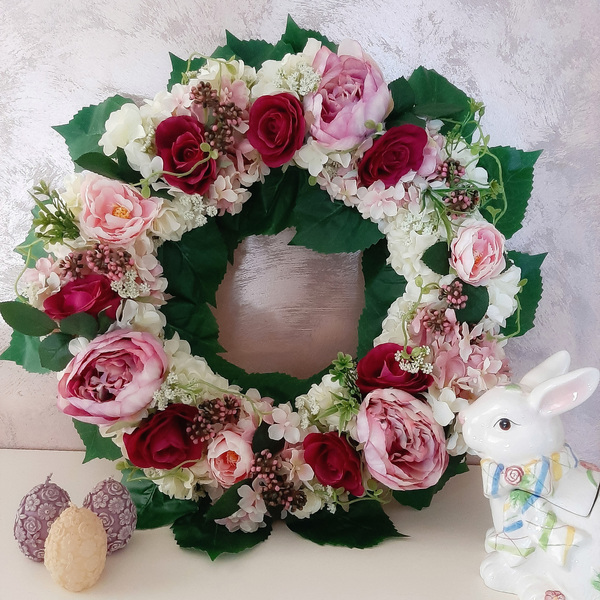 Ανοιξιάτικο ρομαντικό στεφάνι, 50εκ, με ορτανσίες, παιώνιες και τριαντάφυλλα - στεφάνια, δώρο, δώρα για γυναίκες, ανοιξιάτικα λουλούδια - 2