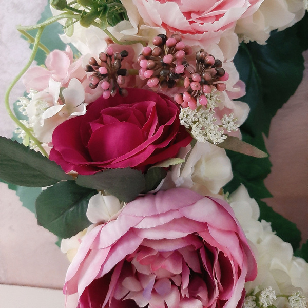Ανοιξιάτικο ρομαντικό στεφάνι, 50εκ, με ορτανσίες, παιώνιες και τριαντάφυλλα - στεφάνια, δώρο, δώρα για γυναίκες, ανοιξιάτικα λουλούδια - 3