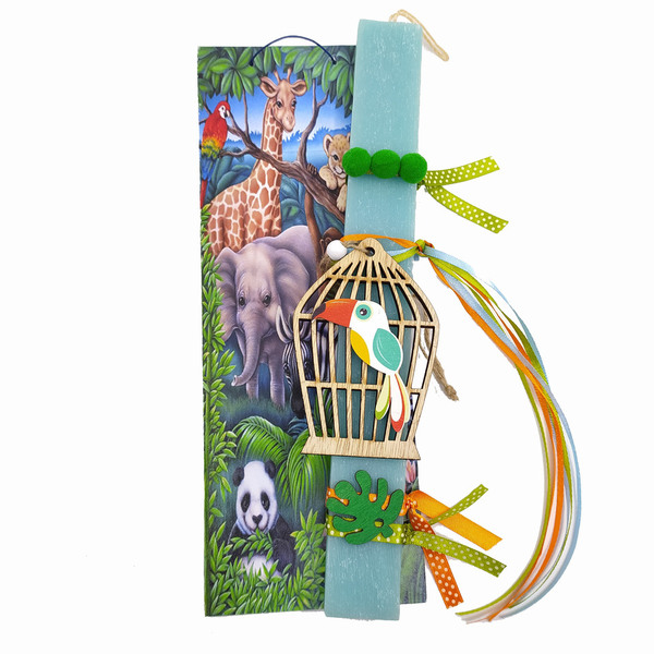 Λαμπάδα καδράκι με ζώα της ζούγκλας και ξύλινο τουκάν - πίνακες & κάδρα, λαμπάδες, πάσχα, ζωάκια - 2