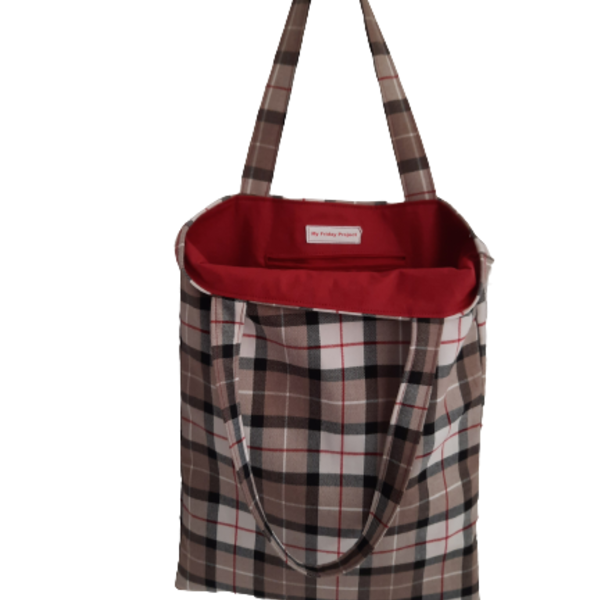 Υφασμάτινη tote τσάντα "καρό μπεζ" 41x33cm - ύφασμα, ώμου, all day, tote