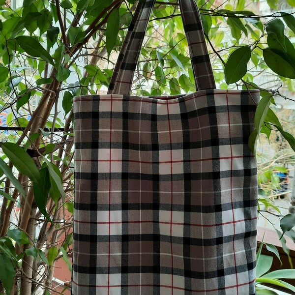 Υφασμάτινη tote τσάντα "καρό μπεζ" 41x33cm - ύφασμα, ώμου, all day, tote - 3