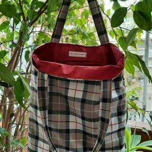 Υφασμάτινη tote τσάντα "καρό μπεζ" 41x33cm - ύφασμα, ώμου, all day, tote - 4