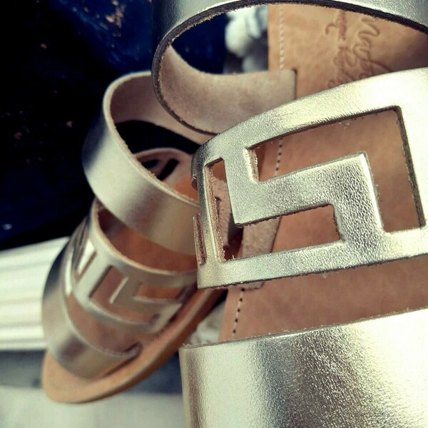 Handmade Leather Sandal : Gold Meander - δέρμα, αρχαιοελληνικό, φλατ, slides - 2