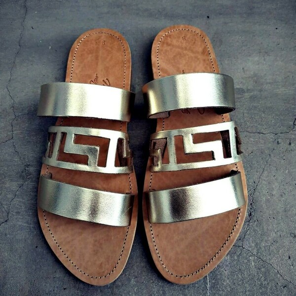 Handmade Leather Sandal : Gold Meander - δέρμα, αρχαιοελληνικό, φλατ, slides - 3