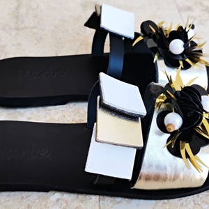 Handmade Leather Sandal : Platina - δέρμα, μαύρα, φλατ, slides - 2