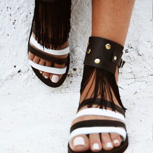 Handmade Leather Sandal : Onyx - δέρμα, μαύρα, φλατ, ankle strap
