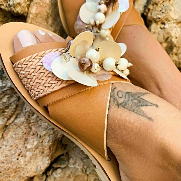 Handmade Leather Sandal : Irina - δέρμα, πέρλες, φλατ, slides