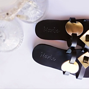 Handmade Leather Sandal : Afroditi - δέρμα, μαύρα, φλατ, slides