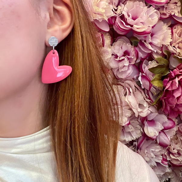Heart-shaped clay earrings - πηλός, καρφωτά, ατσάλι, μεγάλα, καρφάκι