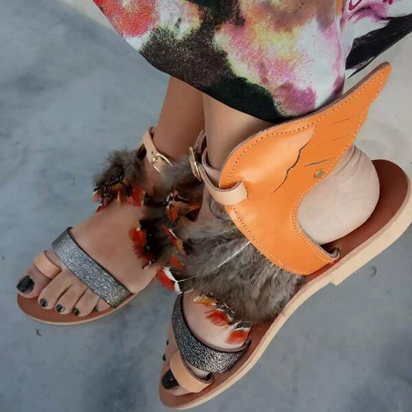 Handmade Leather Sandal : The Feather wings - δέρμα, φλατ, ankle strap - 3