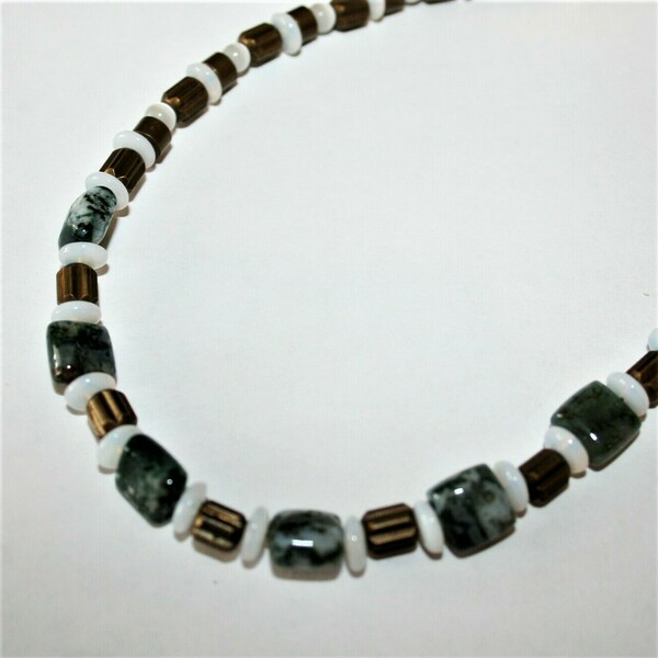 Βραχιόλι ποδιού ημιπολύτιμες πέτρες πράσινος αχάτης-βρυώδης, λευκές, μπρούτζος - ημιπολύτιμες πέτρες, χάντρες, μπρούντζος, ποδιού, αυξομειούμενα - 2