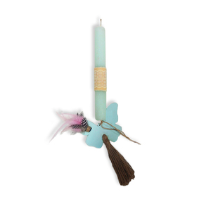 Αρωματική Χειροποίητη Στρογγυλή Λαμπάδα Γαλάζια με Ξύλινη Κρεμαστή Πεταλούδα με Φουντίτσα 25 εκ. - κορίτσι, λαμπάδες, πεταλούδα, για ενήλικες, για εφήβους
