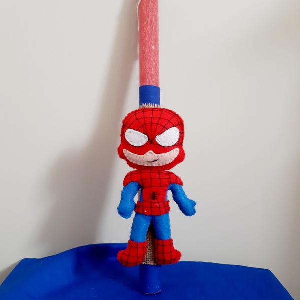 Λαμπάδα με χειροποίητο Spiderman,34 εκατοστά, αρωματική, κόκκινη - αγόρι, λαμπάδες, για παιδιά, σούπερ ήρωες, για μωρά - 2