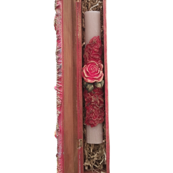 Χειροποίητη αρωματική λαμπάδα 30 εκ. σε ξύλινο κουτί με πήλινα λουλούδια - κορίτσι, λουλούδια, λαμπάδες, πηλός, για ενήλικες - 3