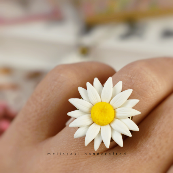 Daisy | Χειροποίητo μπρούτζινο δαχτυλίδι ρεαλιστική μαργαρίτα (πηλός) (αυξομειούμενο) - λουλούδι, μπρούντζος, μεγάλα, αυξομειούμενα - 3