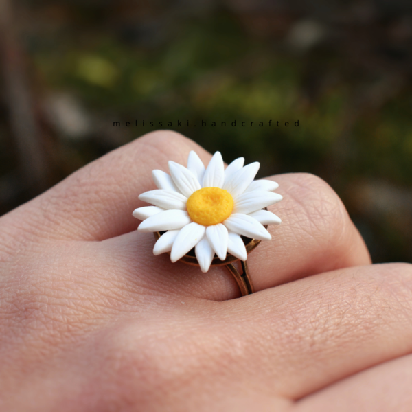 Daisy | Χειροποίητo μπρούτζινο δαχτυλίδι ρεαλιστική μαργαρίτα (πηλός) (αυξομειούμενο) - λουλούδι, μπρούντζος, μεγάλα, αυξομειούμενα - 5