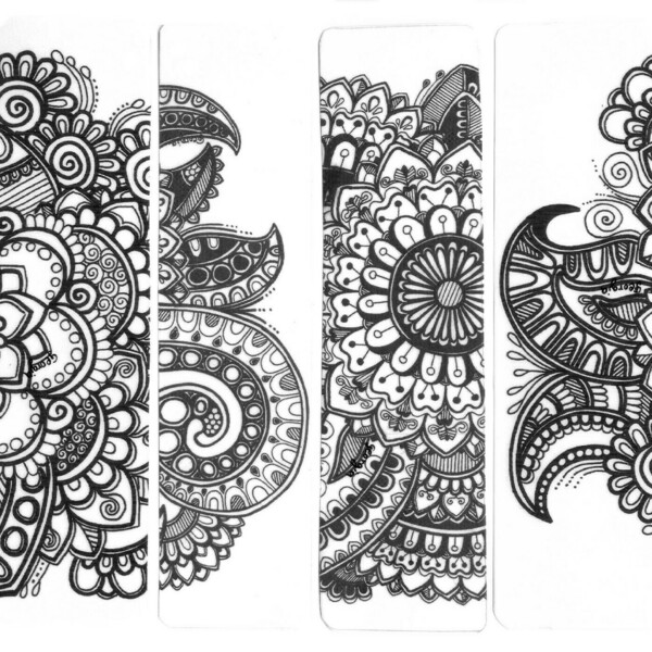 Ασπρόμαυροι Χειροποίητοι - εκτυπωμένοι - σελιδοδείκτες mandala 5χ20εκ - Σετ των 4 - Νο2 - ζωγραφισμένα στο χέρι, δώρο, χειροποίητα, σελιδοδείκτες