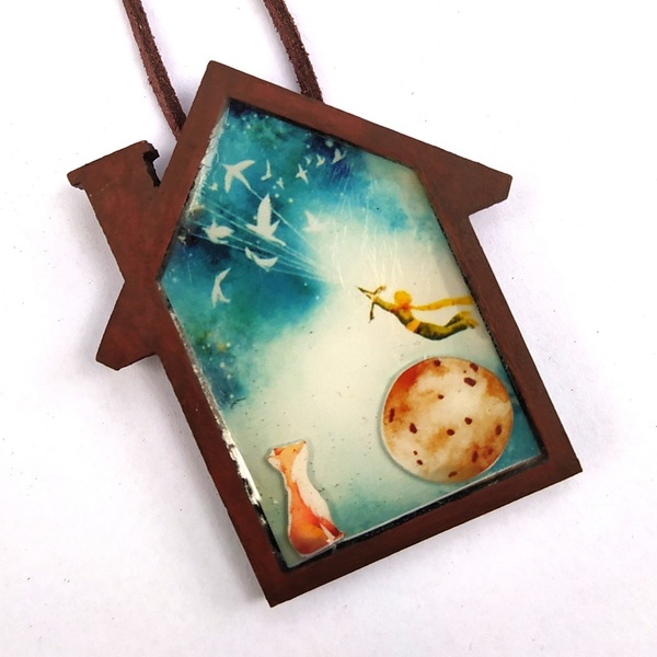 Χειροποίητο Ξύλινο Μενταγιόν, Τρισδιάστατη Απεικόνιση, Μικρός Πρίγκιπας, 4 Χ 6 εκ - ξύλο, γυναικεία, μενταγιόν, παιδικά κολιέ - 2