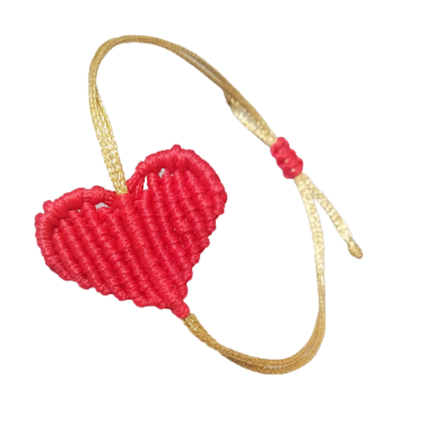 Χρυσό μακραμέ βραχιόλι με κόκκινη καρδιά - καρδιά, μακραμέ, κορδόνια, αυξομειούμενα - 3