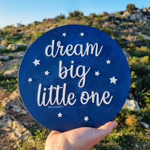 "Dream big little one" Ξύλινο διακοσμητικό κάδρο (Ø25cm) - δώρα για βάπτιση, διάστημα, παιδικοί πίνακες - 3