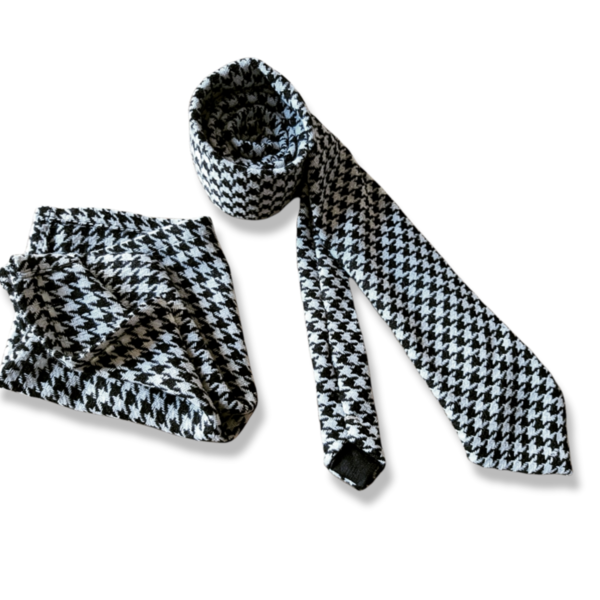 Γραβάτα & μαντήλι για το πέτο ~ ασπρόμαυρο pied de coq - μαλλί, βαμβάκι - 2