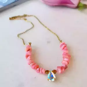 Κολιέ με τσιπς ροζ κοραλλιού. - ημιπολύτιμες πέτρες, charms, κοντά, ατσάλι - 2