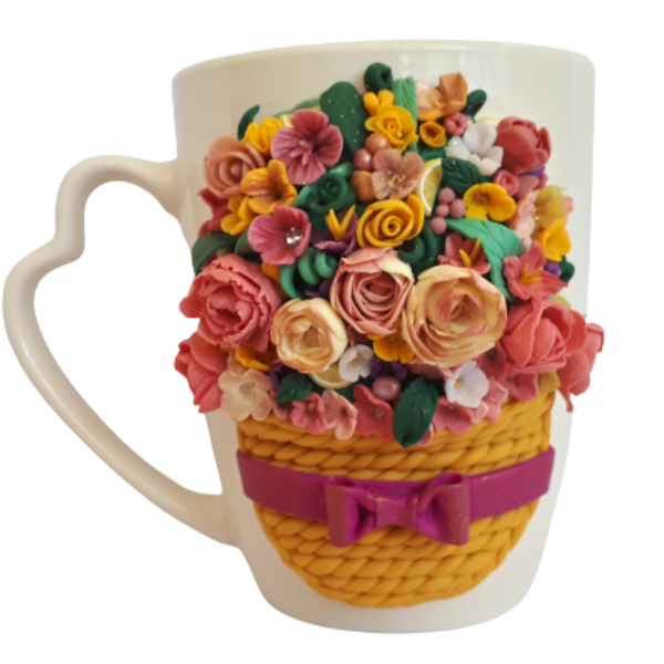 Κούπα από πολυμερικό πηλό διακοσμημένη με Καλάθι λουλουδιών - πηλός, πορσελάνη, κούπες & φλυτζάνια