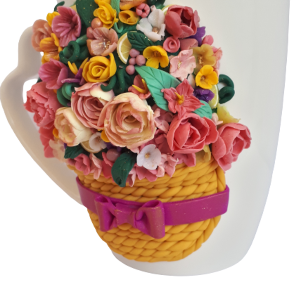Κούπα από πολυμερικό πηλό διακοσμημένη με Καλάθι λουλουδιών - πηλός, πορσελάνη, κούπες & φλυτζάνια - 3