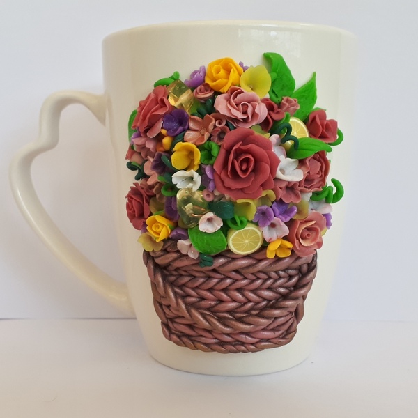 Κούπα από πολυμερικό πηλό διακοσμημένη με Ανοιξιατικο Καλάθι λουλουδιών - πηλός, πορσελάνη, κούπες & φλυτζάνια