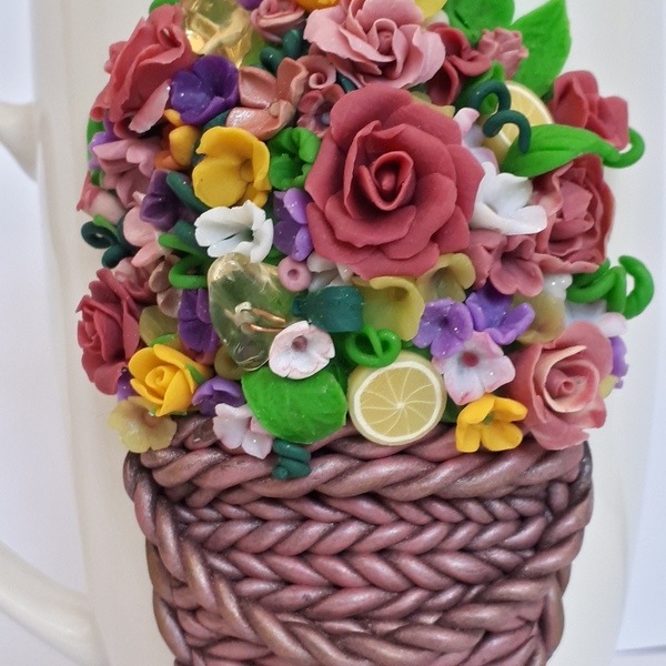 Κούπα από πολυμερικό πηλό διακοσμημένη με Ανοιξιατικο Καλάθι λουλουδιών - πηλός, πορσελάνη, κούπες & φλυτζάνια - 2