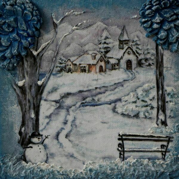 "VILLAGE IN THE WINTER" - τετράγωνος πίνακας ζωγραφικής - 15εκ - πίνακες & κάδρα, χειμώνας, κουκουνάρι, πίνακες ζωγραφικής - 2