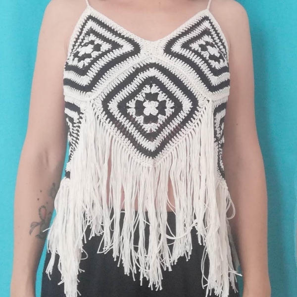 Χειροποίητο πλεκτό boho τοπάκι! - βαμβάκι, crop top, αμάνικες - 3