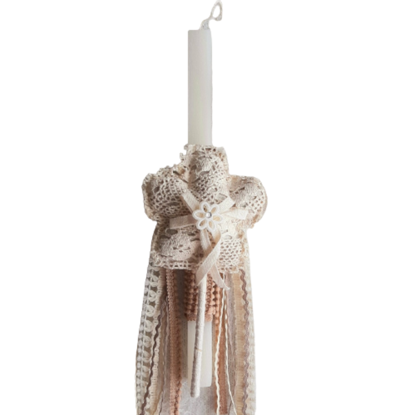 Λευκή ξυστή Λαμπάδα, ύψους 30εκ., με vintage ραβδάκι λουλουδάκι - κορίτσι, λαμπάδες, για παιδιά, για εφήβους