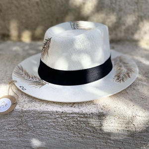 Καπέλο Panama- A Feather love - ζωγραφισμένα στο χέρι, απαραίτητα καλοκαιρινά αξεσουάρ, ψάθινα - 3