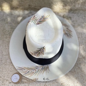 Καπέλο Panama- A Feather love - ζωγραφισμένα στο χέρι, απαραίτητα καλοκαιρινά αξεσουάρ, ψάθινα - 4