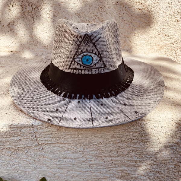 Καπέλο Panama - unisex triangle eye - ζωγραφισμένα στο χέρι, unisex, ψάθινα - 2