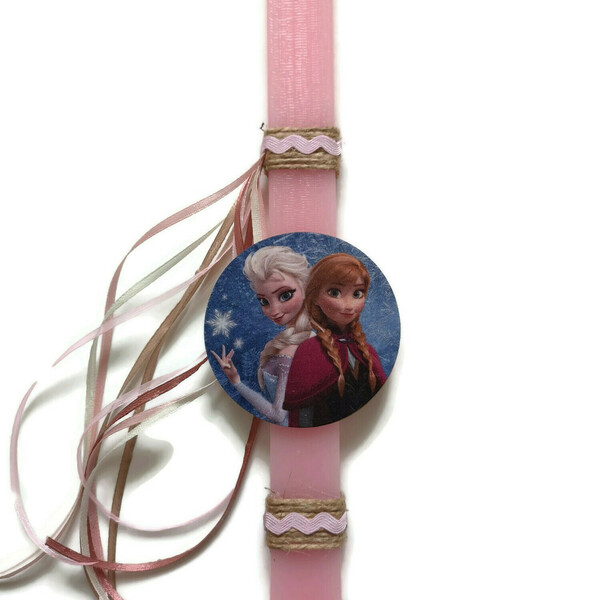 Αρωματική ροζ λαμπάδα με ξύλινη φιγούρα την Έλσα και την Άννα από Frozen και σατέν κορδέλες, 32 εκατοστά. - κορίτσι, λαμπάδες, για παιδιά, ήρωες κινουμένων σχεδίων