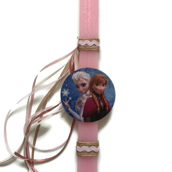 Αρωματική ροζ λαμπάδα με ξύλινη φιγούρα την Έλσα και την Άννα από Frozen και σατέν κορδέλες, 32 εκατοστά. - κορίτσι, λαμπάδες, για παιδιά, ήρωες κινουμένων σχεδίων - 4