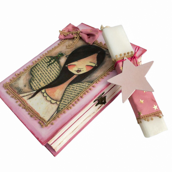 Πασχαλινή λευκή λαμπάδα με ζωγραφισμένο ξύλινο κουτί "Ροζ κορίτσι"- Ύψος λαμπάδας: 20εκ. - κορίτσι, λαμπάδες, για παιδιά, για εφήβους - 2