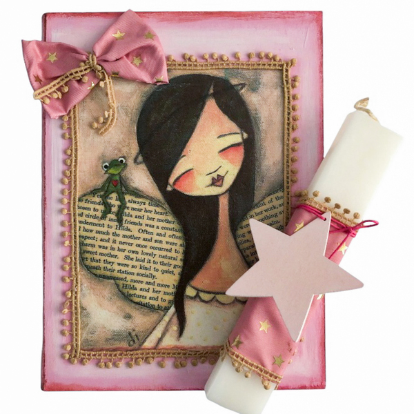 Πασχαλινή λευκή λαμπάδα με ζωγραφισμένο ξύλινο κουτί "Ροζ κορίτσι"- Ύψος λαμπάδας: 20εκ. - κορίτσι, λαμπάδες, για παιδιά, για εφήβους